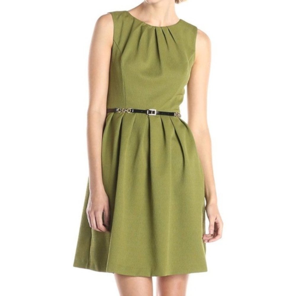 Ellen Tracy Fit & Flare Belted Green Dress Size 10